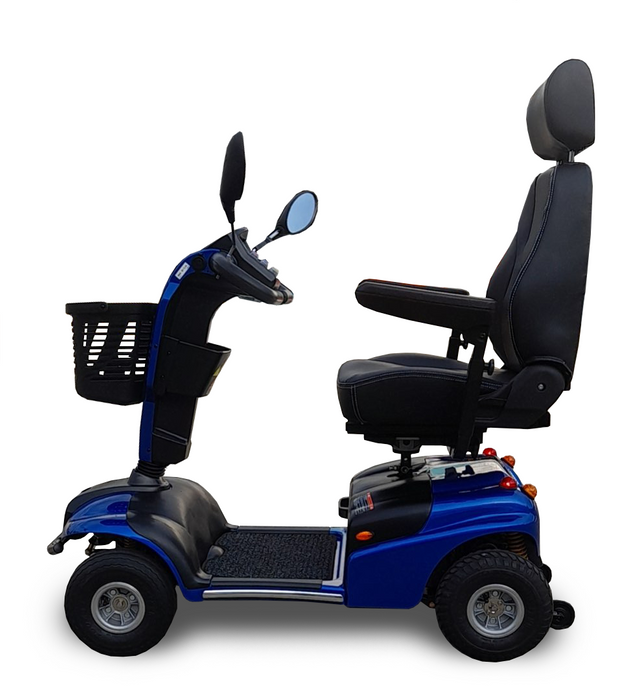Side Profile Shoprider Explorer 888SLN Blue 4 Wheel Mobility Scooter 300lb Capacity, Deluxe Seat and All Terrain 10" Wheels