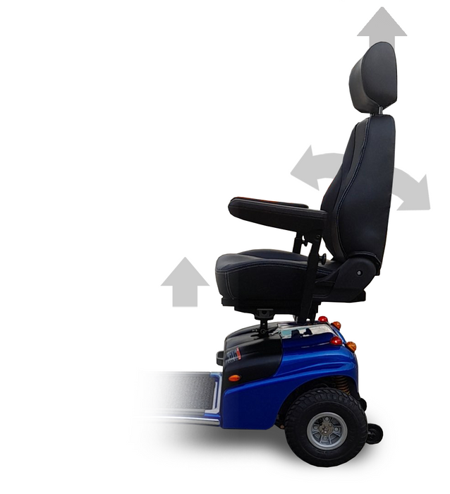 Chair Feature Shoprider Explorer 888SLN Blue 4 Wheel Mobility Scooter 300lb Capacity, Deluxe Seat and All Terrain 10" Wheels