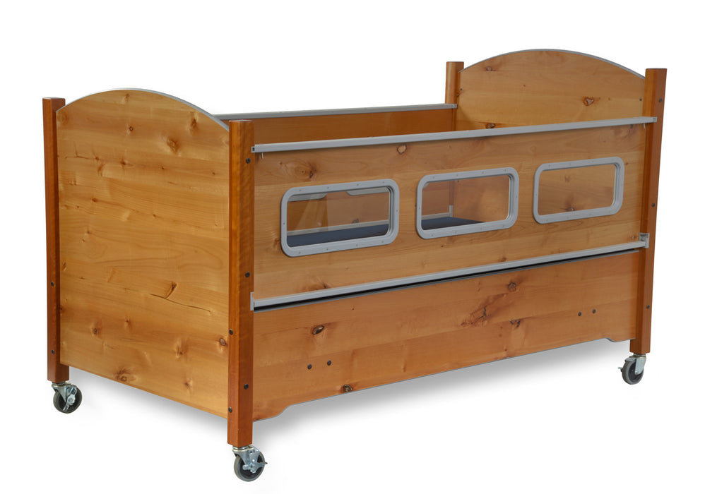 SleepSafe BASIC Bed In Alder Safety Rail Up View