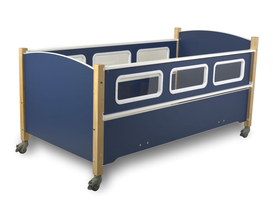 SleepSafe Low Bed In Blue Safety Rail Up View