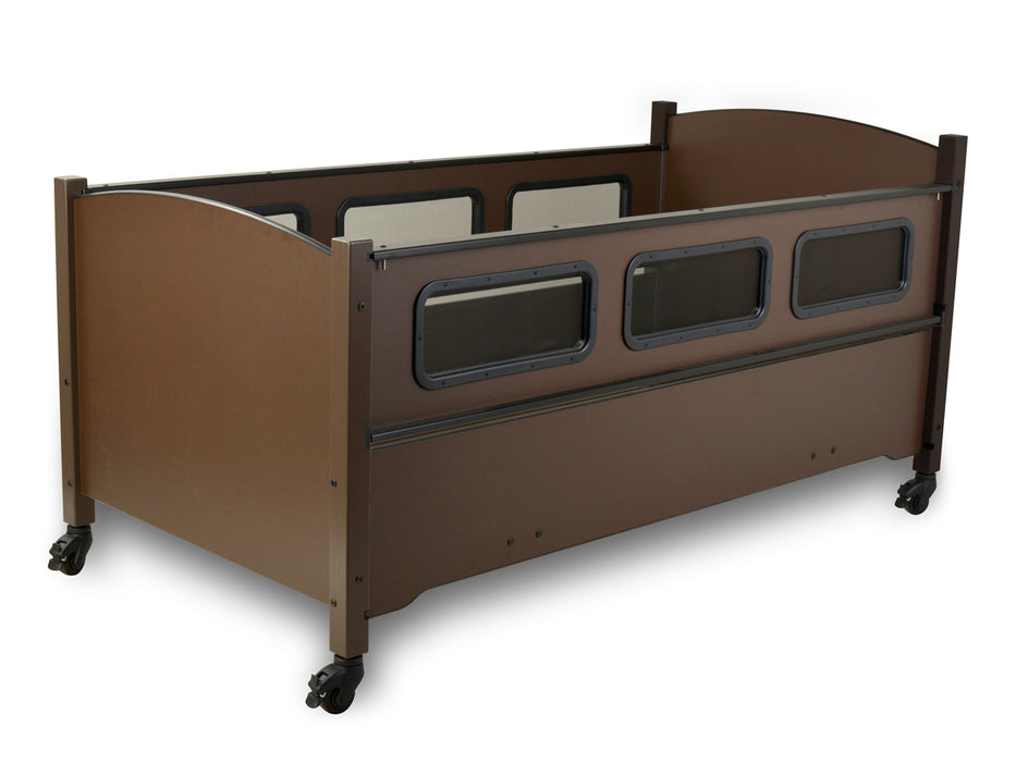 SleepSafe Low Bed In Dark Brown Safety Rail Up View