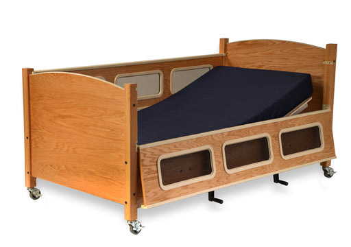 SleepSafe Low Bed Manual Articulation In Oak Safety Rail Down View