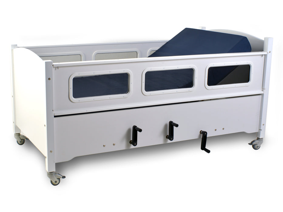 SleepSafe Low Bed Manual Hi Lo In White Safety Rail Up View