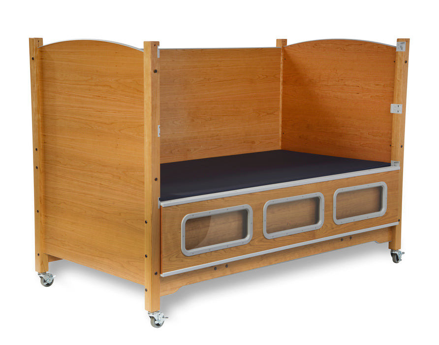 SleepSafer Bed Tall Bed Safety Rails Down In Cherry Wood Color Finish View
