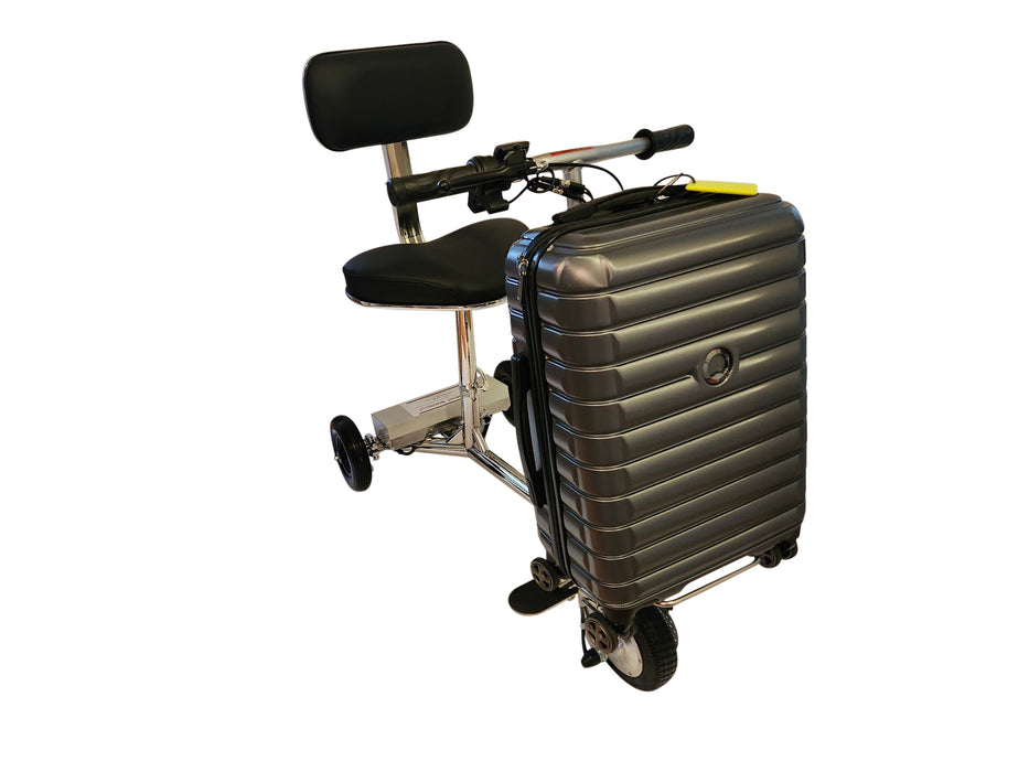 Travel Mobility Scooter With Luggage Transport Feature Showing SmartScoot S2400 Carrying A Suitcase