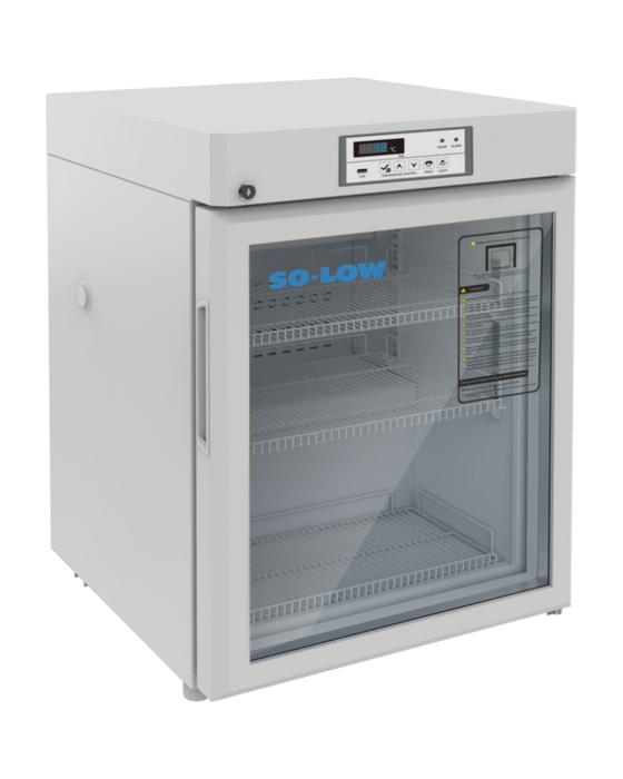 So-Low White Undercounter Glass Door Refrigerator For Laboratory Storage With 4.6 Cubic Feet 