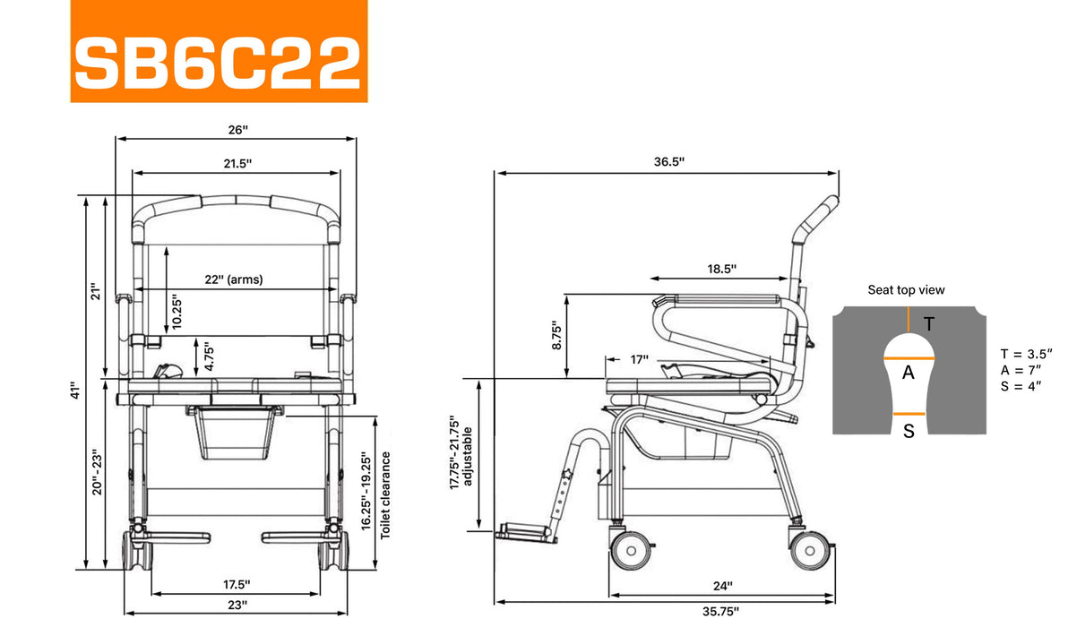 Dimensions Solution Based Bariatric Roll-In Shower Chair 22" and 26" Seat Widths, 440 lb Capacity, Over-Toilet and Bedside Commode