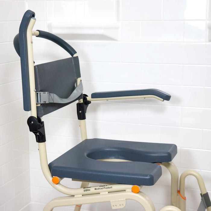 Ergonomic Solution Based Roll-In Shower Chair for Accessible Bathrooms Lightweight, Over-Toilet and Bedside Commode with Flip-Back Arms and Safety Features