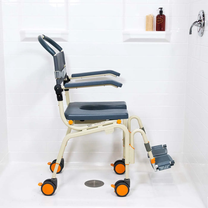 Comfortable Solution Based Roll-In Shower Chair for Accessible Bathrooms Lightweight, Over-Toilet and Bedside Commode with Flip-Back Arms and Safety Features