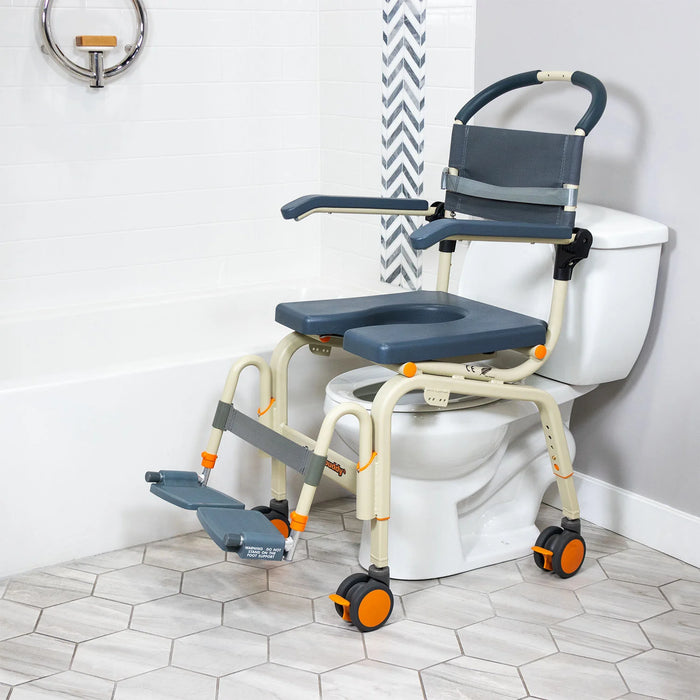 Blue Solution Based Roll-In Shower Chair for Accessible Bathrooms Lightweight, Over-Toilet and Bedside Commode with Flip-Back Arms and Safety Features