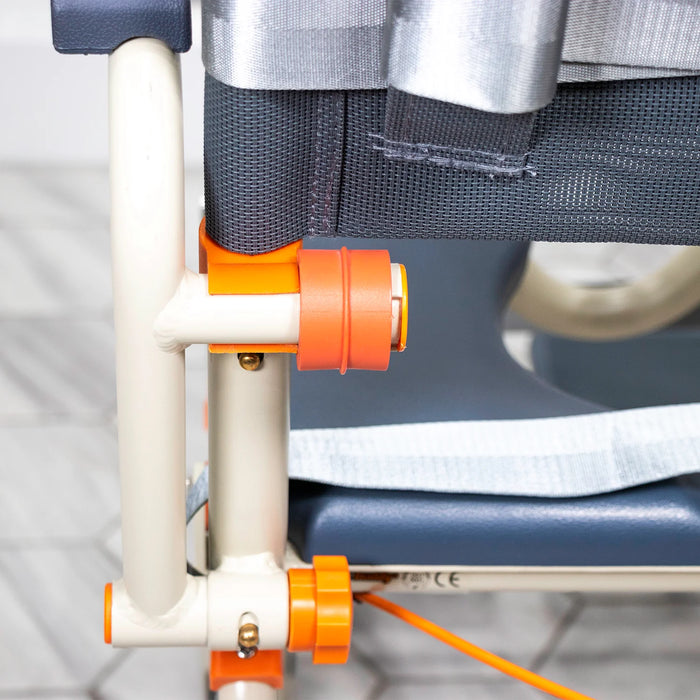 Secure Solution Based Roll-InShower Chair with Commode, Adjustable Height, and Safety Belts for Accessible Bathrooms