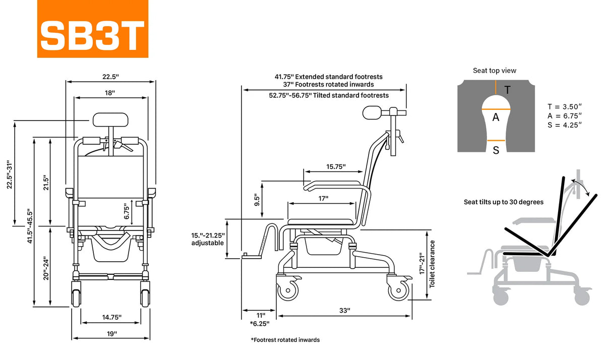 Dimensions Solution Based Roll-InShower Chair with Commode, Adjustable Height, and Safety Belts for Accessible Bathrooms
