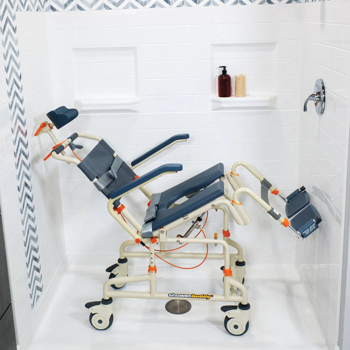 Stable Solution Based Roll-InShower Chair with Commode, Adjustable Height, and Safety Belts for Accessible Bathrooms