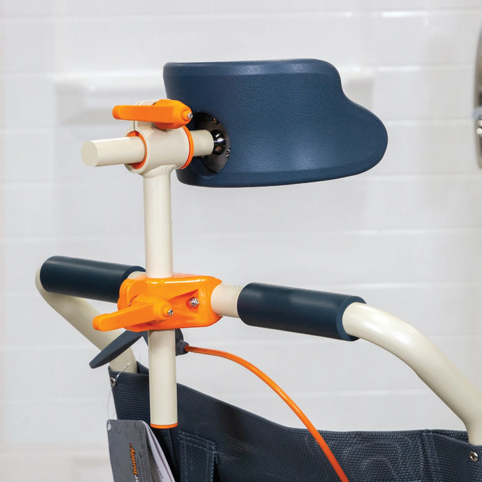 Headrest Details Solution Based Roll-InShower Chair with Commode, Adjustable Height, and Safety Belts for Accessible Bathrooms