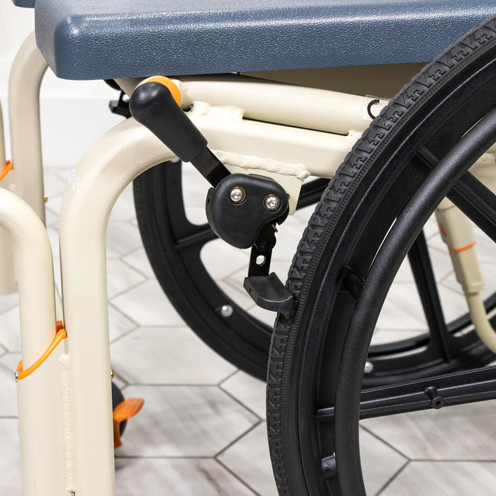 Wheel Details Solution Based Self-Propelled Roll-In Shower Chair Lightweight, Height Adjustable, Over-Toilet and Bedside Commode with 24” Wheels and Safety Features