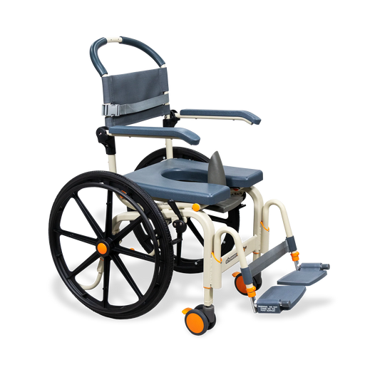 Safe Solution Based Self-Propelled Roll-In Shower Chair Lightweight, Height Adjustable, Over-Toilet and Bedside Commode with 24” Wheels and Safety Features