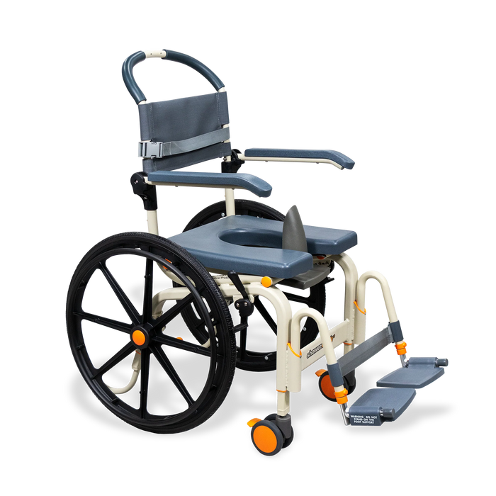 Safe Solution Based Self-Propelled Roll-In Shower Chair Lightweight, Height Adjustable, Over-Toilet and Bedside Commode with 24” Wheels and Safety Features