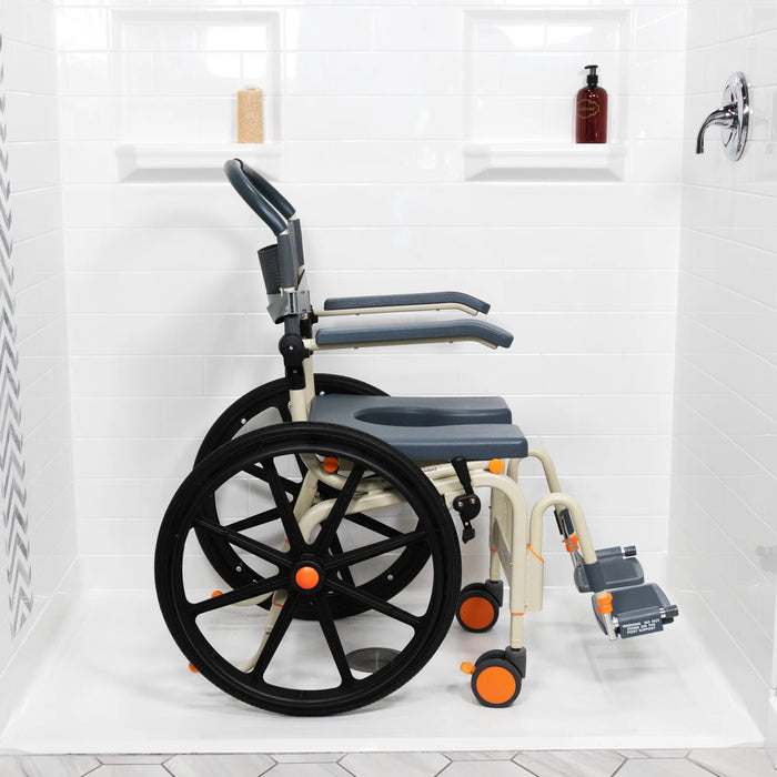 Side View Solution Based Self-Propelled Roll-In Shower Chair Lightweight, Height Adjustable, Over-Toilet and Bedside Commode with 24” Wheels and Safety Features