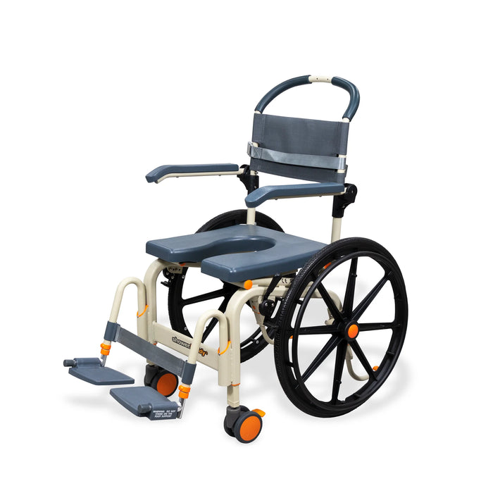 Side Profile Solution Based Self-Propelled Roll-In Shower Chair Lightweight, Height Adjustable, Over-Toilet and Bedside Commode with 24” Wheels and Safety Features