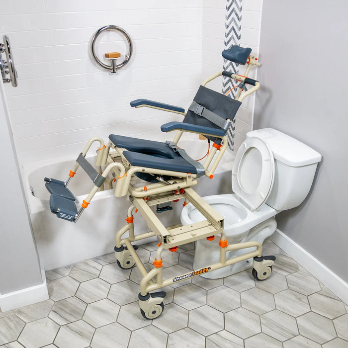 Adjustable Solution Based TubBuddy with Tilt Transfer System Sliding Tub and Shower Chair with 30° Tilt, Bedside Commode and Over-Toilet Access 350 lb Capacity
