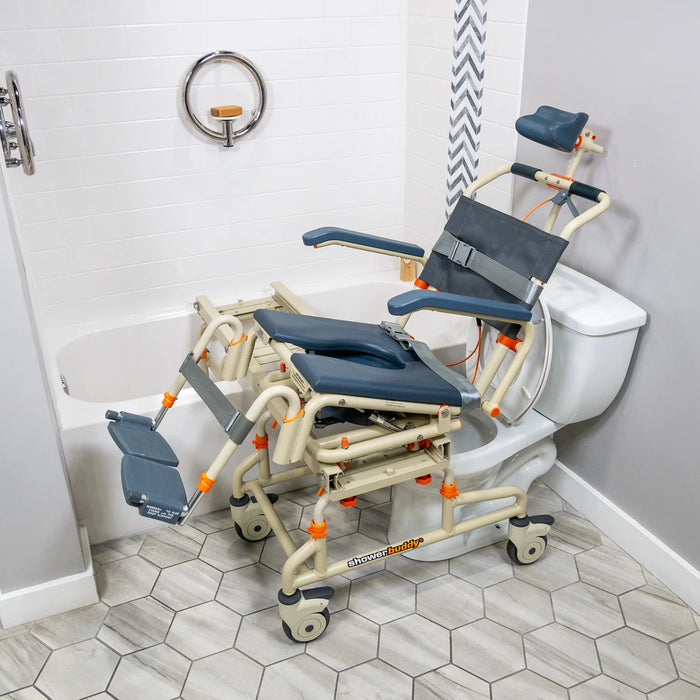 Ergonomic Solution Based TubBuddy with Tilt Transfer System Sliding Tub and Shower Chair with 30° Tilt, Bedside Commode and Over-Toilet Access 350 lb Capacity