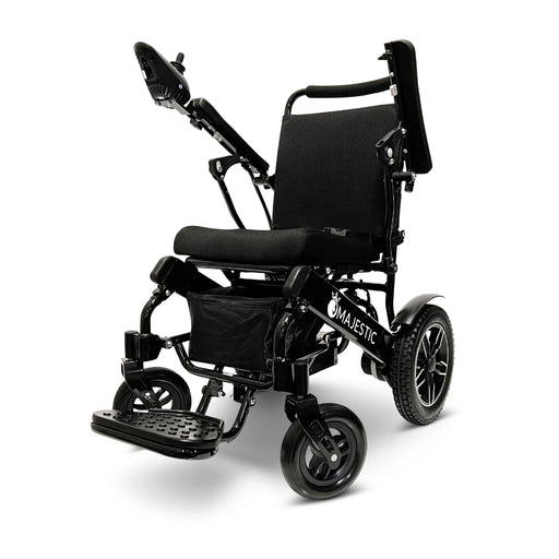 Black Standard MAJESTIC IQ 8000 Remote Controlled Electric Wheelchair Black with both armrests raised and joystick controller is mounted on the right armrest