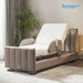 An electric adjustable rotating Starleep Orin bed with a beige tufted frame and white mattress, shown in a styled bedroom setting with a plant and curtains. The Arlo Rotating Bed logo is visible in the top right corner.