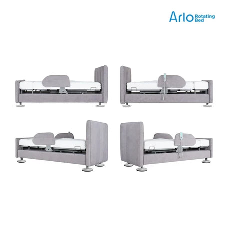 Four views of a Stasleep Arlo Orin Rotating Bed in light gray fabric upholstery with a white mattress, shown on a plain white background with the Arlo brand logo in the top right.