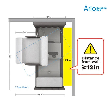 A dimension diagram showing the Arlo Orin Rotating Bed from a top view, with measurements of 63 in by 91 in, a 39 in width, and a yellow highlighted area indicating a minimum distance of 12 in from the wall. A warning icon box reads 'Distance from wall ≥12 in'.