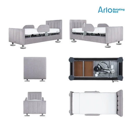 Starsleep Arlo Orin Rotating Bed shown in multiple views on a white background, including side, front, top, and underside views, with the Arlo logo in the top right.