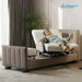A woman relaxes in the Starsleep Orin Arlo ergonomic rotating chair bed, set in a modern living room with curtains, a plant, and a patterned rug. The brand logo 'Arlo Rotating Bed' is visible in the top right corner.