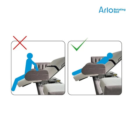 Instruction graphic for the Starsleep Arlo Orin Rotating Bed showing an incorrect sitting position with a red X and a correct reclining position with a green checkmark, on a white background with the Arlo brand logo in the top right.