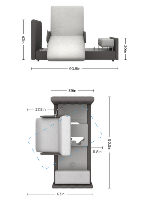 Starsleep Arlo Orin Smart Rotating Bed In Dimensional Diagram Of Chair Configuration And Rotation View