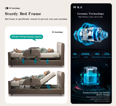 Starsleep Orin Smart Rotating Bed In Adjustable Movement And Weight Capacity With Patient Demonstrating Adjustments Technology And Power Features Split View