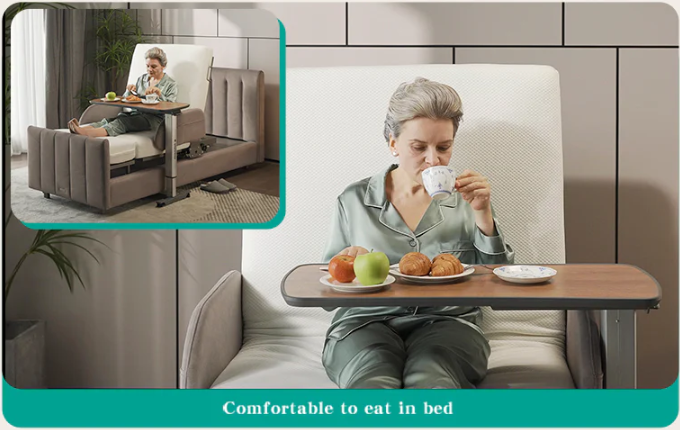 Starsleep Orin Smart Rotating Bed In Chair Configuration With Overbed Table With Patient Dining Comfortably Main And Inset View
