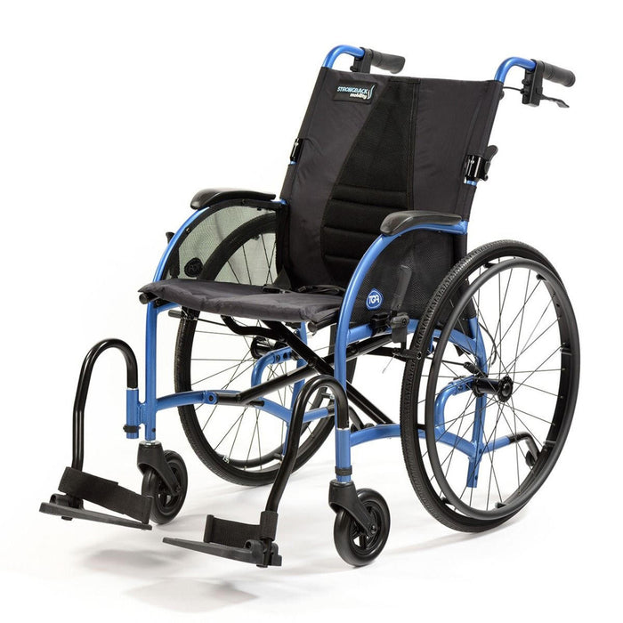 Strongback Mobility Comfort: 24+AB Wheelchair Lightweight, Ergonomic Design for Superior Comfort and Control, Front View with Upright Logo