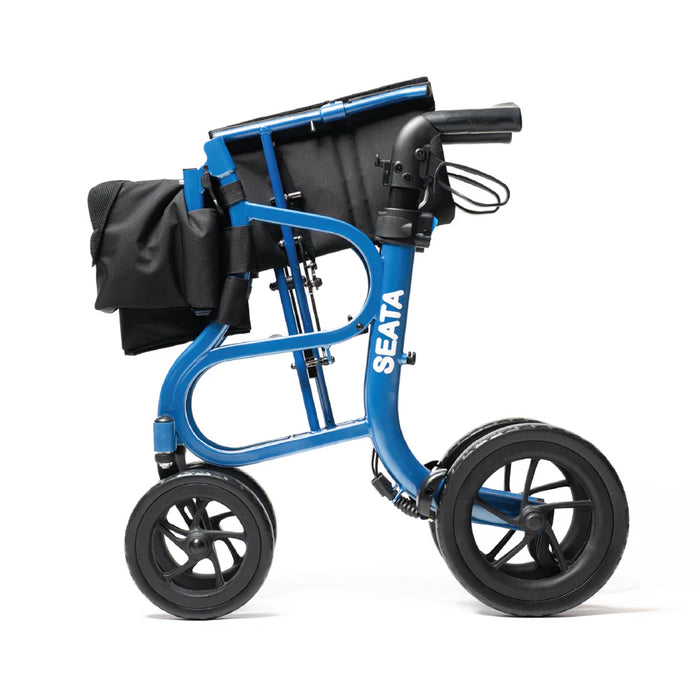Strongback Mobility Seata Rollator Lightweight, Comfortable, and Ergonomic Folded left side view with logo