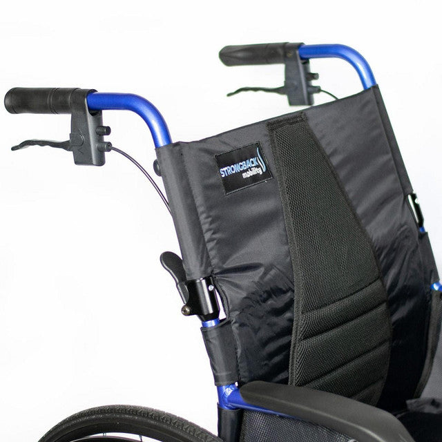 Strongback Mobility Comfort: 24+AB Wheelchair Lightweight, Ergonomic Design for Superior Comfort and Control, Close-up view of backrest with upright logo