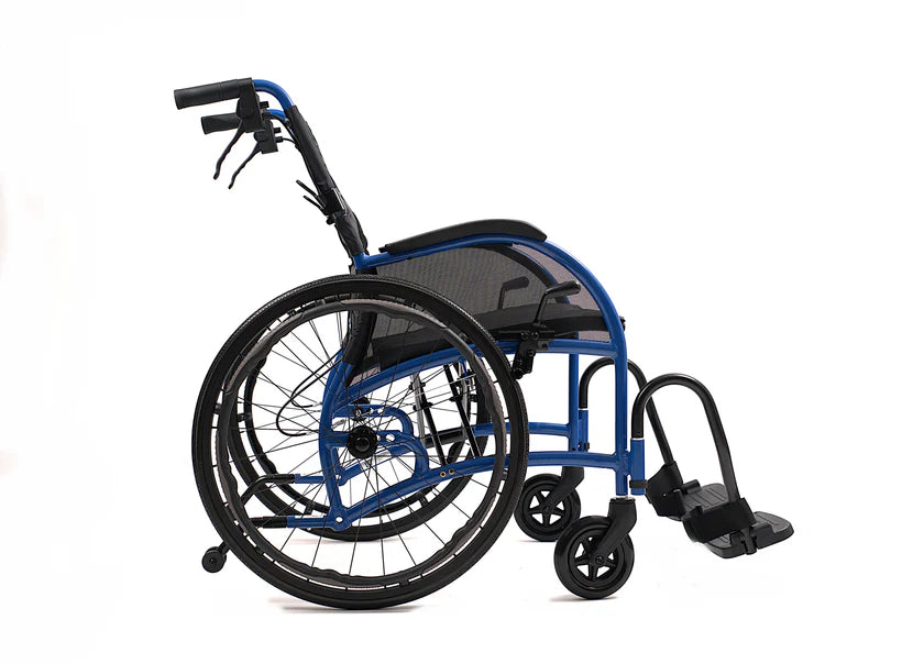 Strongback Mobility Comfort: 24+AB Wheelchair Lightweight, Ergonomic Design for Superior Comfort and Control, Sturdy blue aluminum frame with black upholstery and large rear wheels, smaller front caster wheels.
