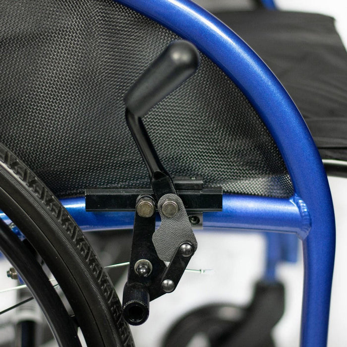 Strongback Mobility Comfort: 24+AB Wheelchair Lightweight, Ergonomic Design for Superior Comfort and Control, Close-up view of passenger handle brake