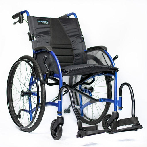 Strongback Mobility Comfort: 24+AB Wheelchair Lightweight, Ergonomic Design for Superior Comfort and Control, Front View with Upright Logo