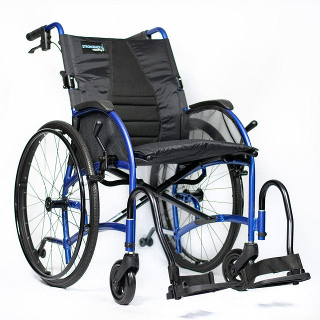 Strongback Mobility Comfort: 24+AB Wheelchair Lightweight, Ergonomic Design for Superior Comfort and Control, Front View with Upright Logo