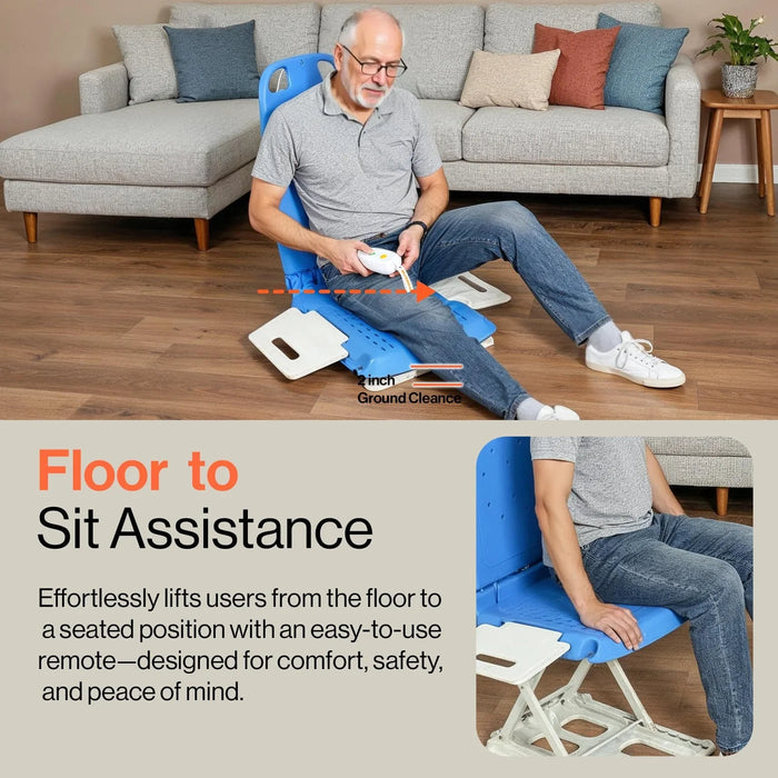 SuperHandy GoRise LT Portable Padded Floor Lift With Detachable Cushion Seat for Safe Transfers And Mobility Assistance In Blue Shows Floor To Sit Assistance