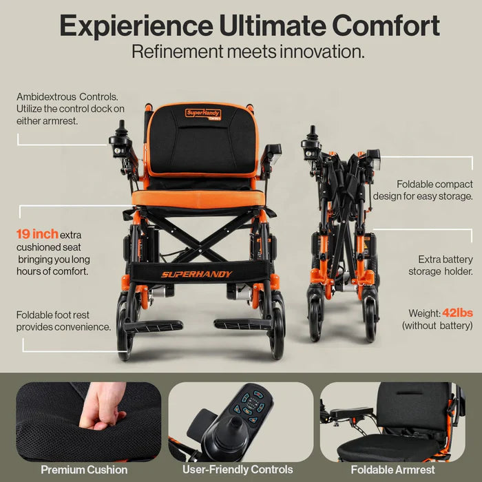 SuperHandy Orange Black GoRide 2 Plus Electric Wheelchair With All Terrain Wheels Flip Up Footrest In Folded Info Graphic View