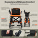 SuperHandy Orange Black GoRide 2 Plus Electric Wheelchair With All Terrain Wheels Flip Up Footrest In Folded Info Graphic View