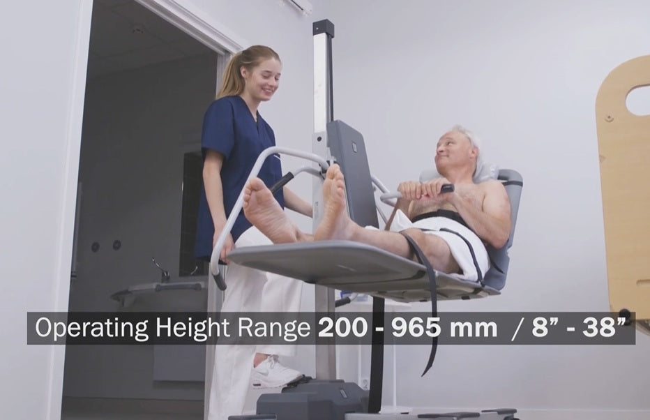 TR Equipment TR9650 Battery Operated Mobile Stretcher Lift With Caregiver And Patient Elevated Backrest Position View