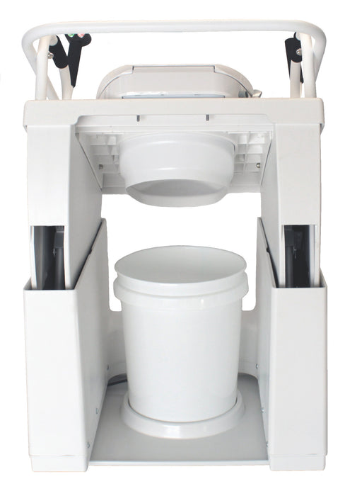 Throne Buttler Powered Lift Commode Chair Rear Close Up View Showing The White Commode Chute Alignment Directly Above The Removable Waste Collection Bucket Underneath The Frame