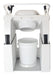 Throne Buttler Powered Lift Commode Chair Rear Close Up View Showing The White Commode Chute Alignment Directly Above The Removable Waste Collection Bucket Underneath The Frame