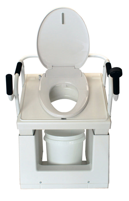 Throne Buttler Powered Lift Commode Chair Straight On Front Perspective View Of The White Base With An Open Toilet Seat Lid And A Visible Waste Bucket Below