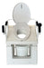 Throne Buttler Powered Lift Commode Chair Straight On Front Perspective View Of The White Base With An Open Toilet Seat Lid And A Visible Waste Bucket Below